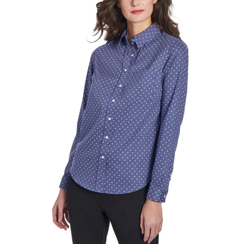 Jones New York Womens Dotted Easy-Care Oxford Button-Up Shirt Medium Blue/White